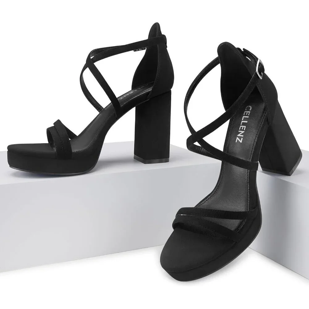 Women's Black-Suede Sandal Stylish Comfortable Chunky Blocked Strappy Heel Shoe